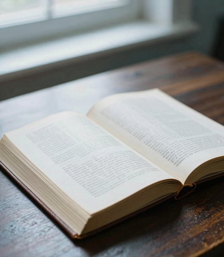 Cool editorial photography of a vintage leather-bound scientific journal lying open on a dark oak library table, soft natural window light, 35mm
