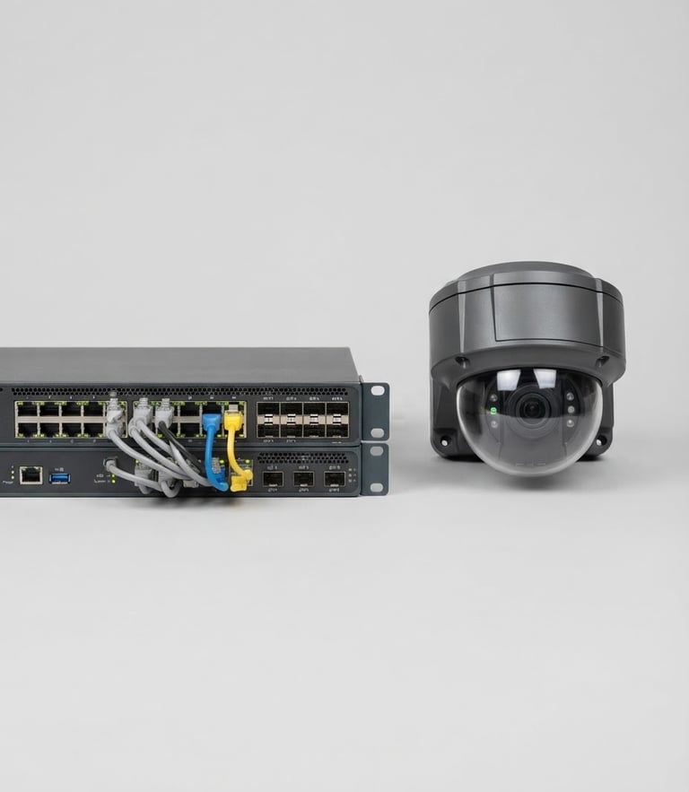 Straight-on product shot of a high-performance enterprise network switch and security camera, clean high-key studio lighting, seamless light gray background, 50mm lens