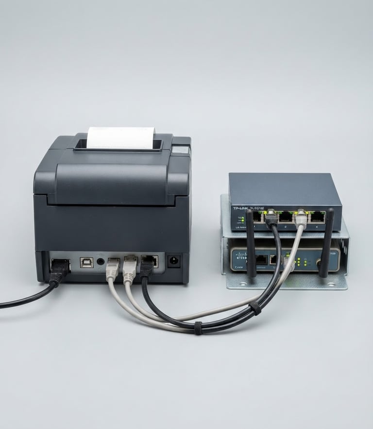 Crisp technical receipt printer and network equipment on a clean light gray background, bright high-key studio lighting, 50mm lens