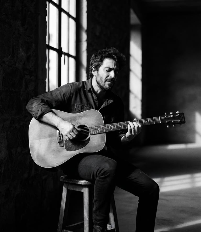 Moody monochrome portrait of Guillem MiTchel with his acoustic guitar in a quiet, architectural space with dramatic natural window light and deep shadows.