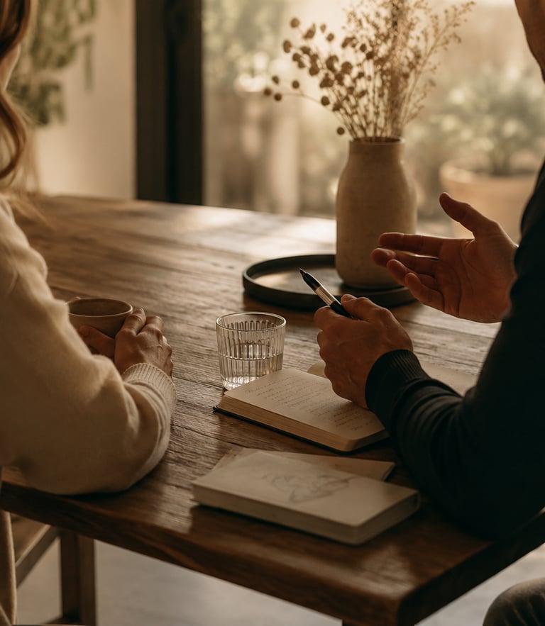 Een stel zit aan een houten tafel en voert een diepgaand gesprek onder het genot van een kop koffie,