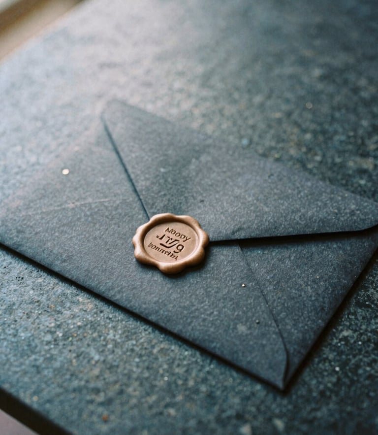 Moody editorial photography, soft natural ambient light, close-up of an elegant sealed charcoal envelope with a wax seal on a dark stone table, warm champagne highlights, 35mm film style.
