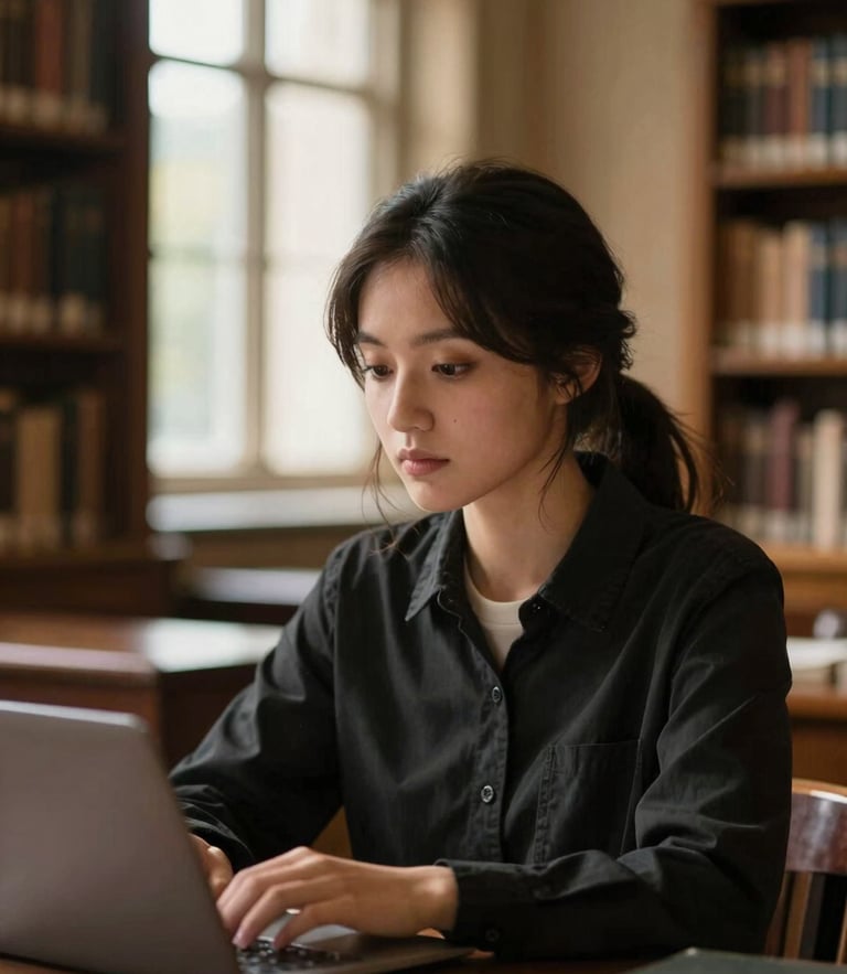 A determined female student studying in a historic university library, soft warm window light highlighting her face, shallow depth of field.