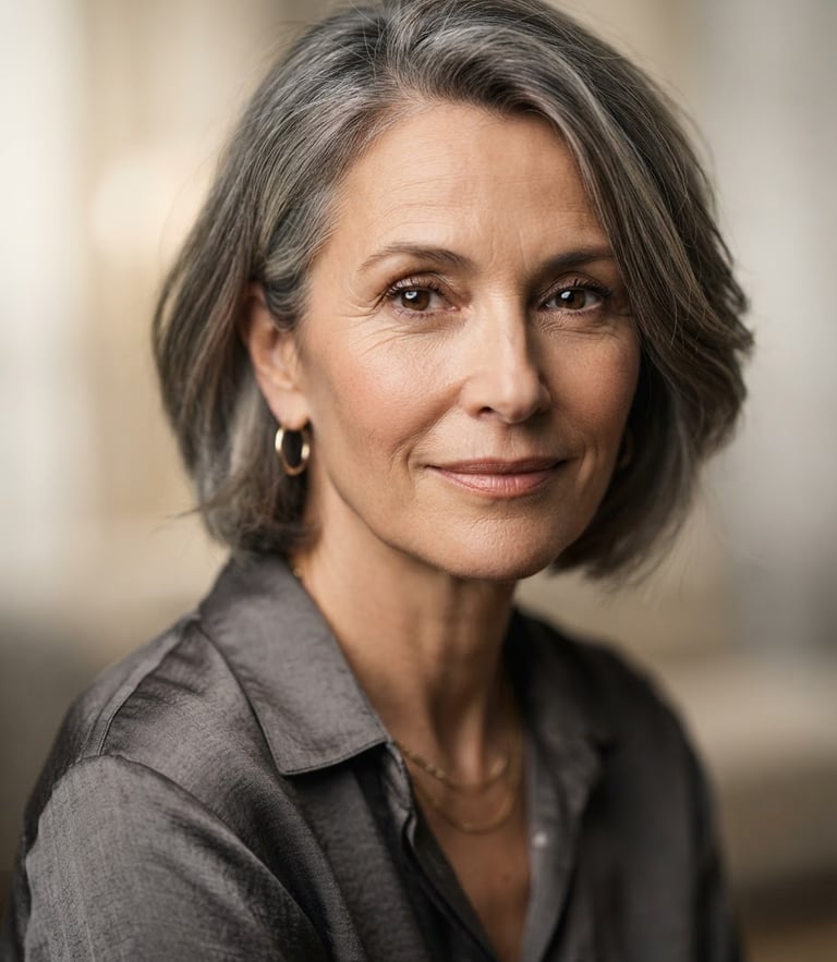 Medium close-up portrait of an elegant woman, soft cinematic key light, shallow depth of field, elegant neutral tones, 85mm portrait lens.