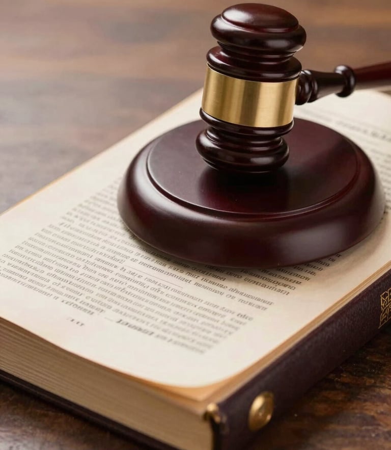 Dignified close-up of a legal gavel resting on a leather-bound copy of the Constitution of India, warm side lighting, professional studio setting.