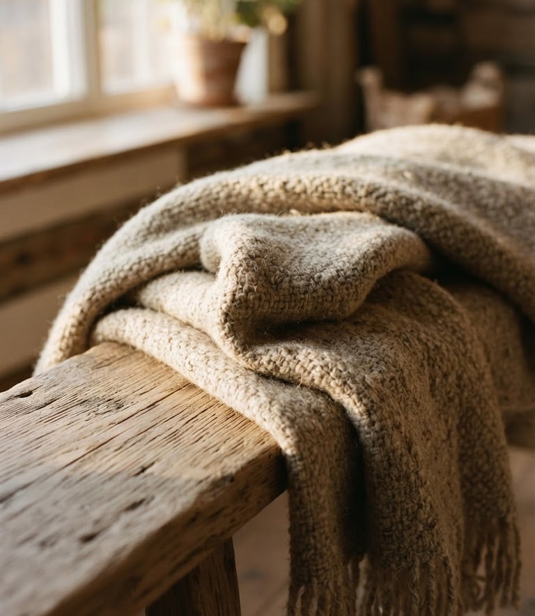 Close-up of a heavy oatmeal-colored wool blanket draped over a raw oak bench, warm low-angle afternoon window light casting deep soft shadows, 35mm photography