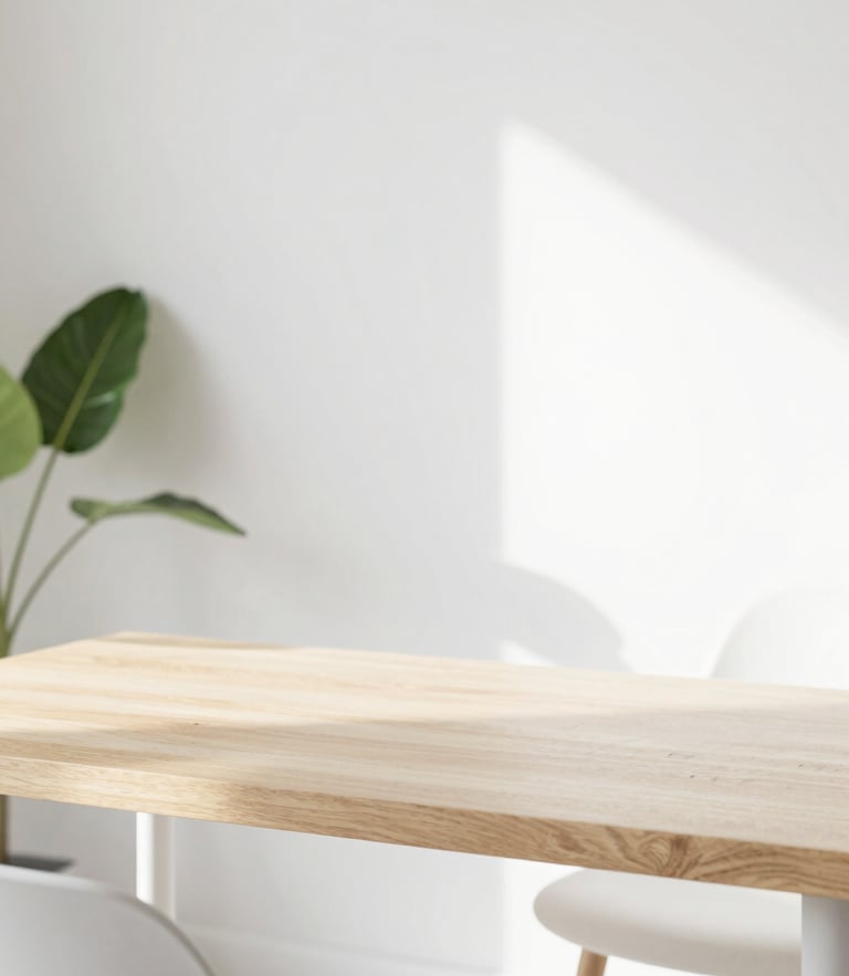 Bright minimalist Florida workspace with diffused morning daylight, a clean oak desk, a single green plant, and soft pastel accents, 35mm lens