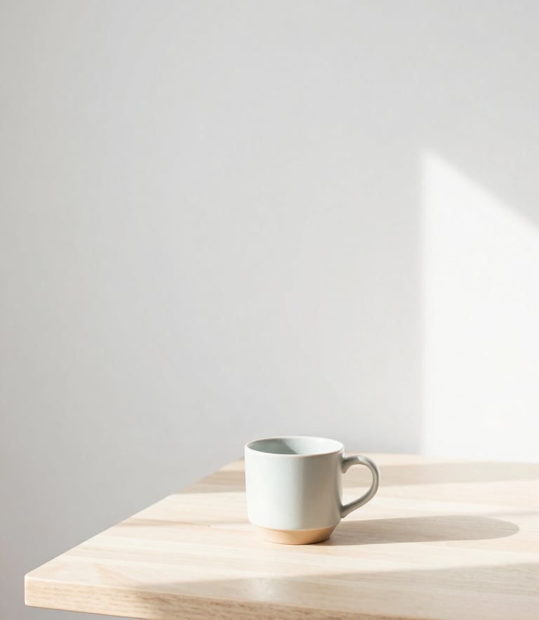 Bright minimalist Florida workspace with diffused morning daylight, a single ceramic cup on a light wooden desk, clean negative space, high-key editorial feel.