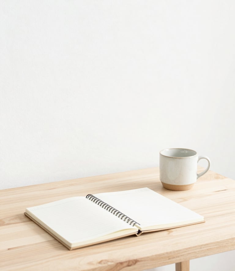 A bright minimalist Florida workspace, soft morning daylight, a clean wooden desk with a single notebook and a ceramic cup, high-key editorial composition