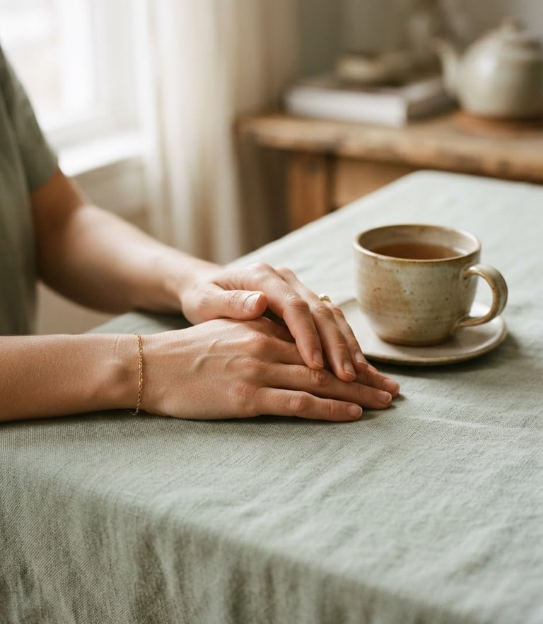 Close-up of hands resting gently on a soft linen tablecloth next to a warm ceramic mug, diffused natural daylight, muted sage tones, shallow depth of field