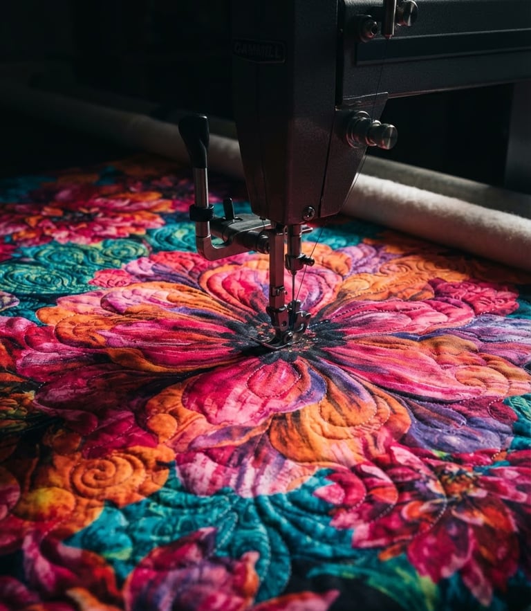 Dramatic studio photography of a longarm quilting machine stitching a vibrant Hoffman Dream Big floral panel. Raking side-light highlights the physical loft of the stitches, dark background.