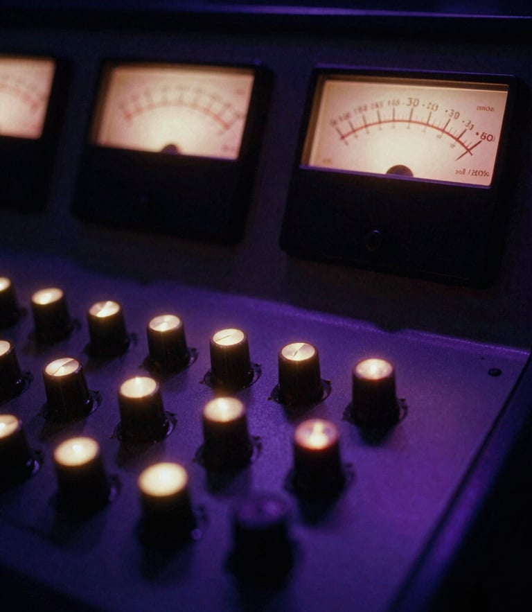 Moody low-key photography of glowing analog gear knobs and VU meters in a dimly lit control room, neon violet backlighting, 35mm film grain