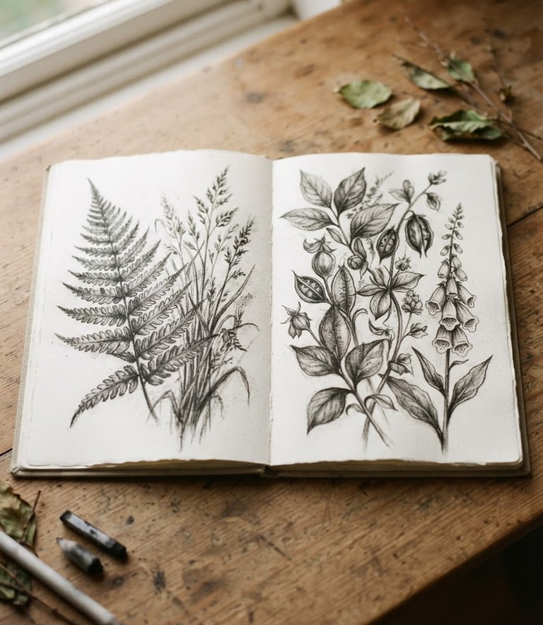 Overhead studio flat-lay of a physical sketchbook showing detailed charcoal drawings of botanical forms, soft natural light, shallow depth of field, 35mm.