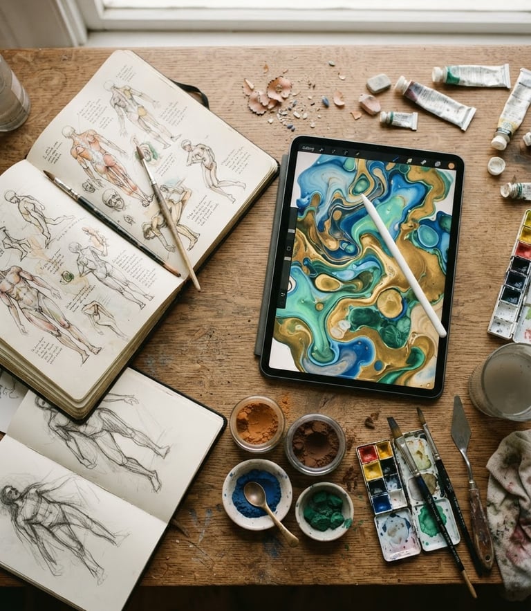 Overhead flat-lay of physical sketchbooks, hand-ground pigments, and a digital tablet showing a fluid animation frame, soft natural studio light, warm overcast daylight, 35mm