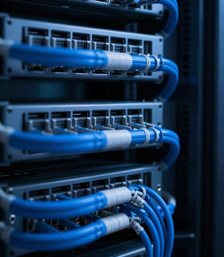 Extreme close-up of clean server rack cabling, cool-toned low-key studio lighting, deep navy and electric blue highlights, sharp focus, 35mm
