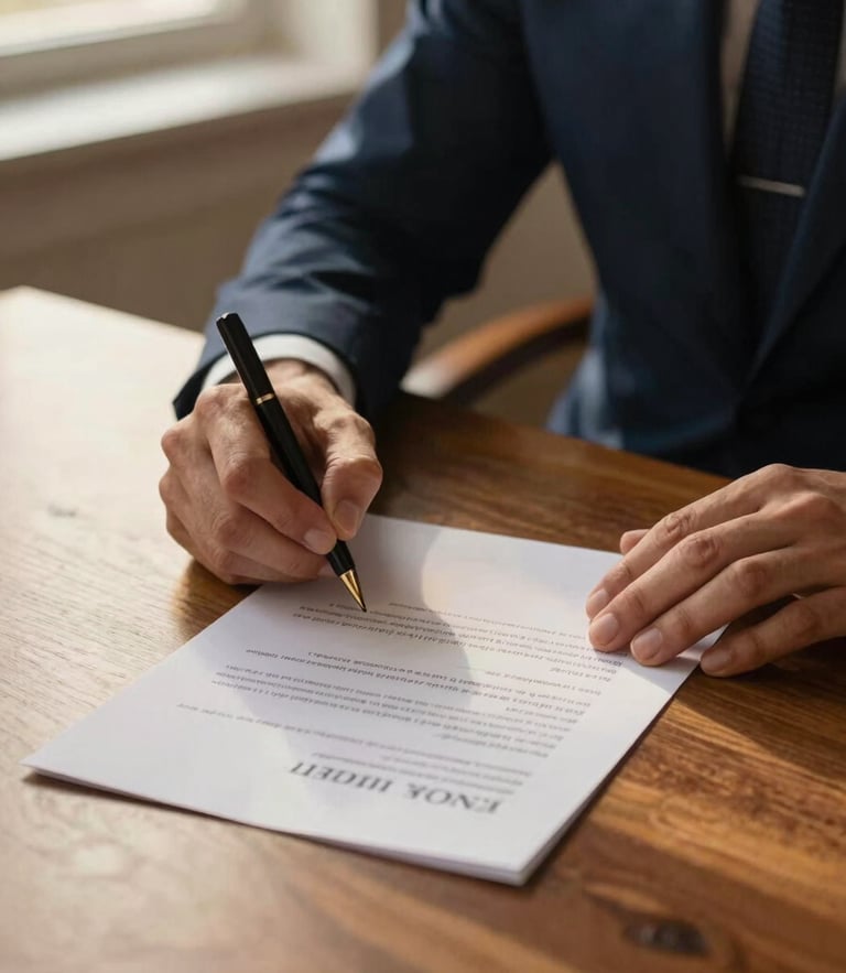 Elegant close-up of hands signing a document on a solid oak desk, warm golden-hour light from a high window, subtle reflection of deep navy tones, shallow depth of field, 35mm editorial style