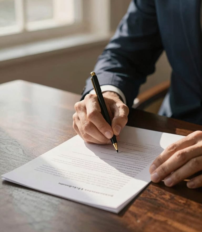 Close-up of hands signing a high-quality textured document on a dark oak table, soft natural golden hour light from a nearby window, professional atmosphere, shallow depth of field