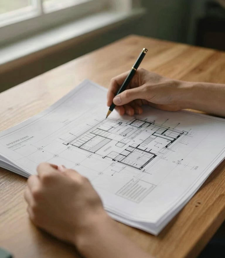 Close-up of hands reviewing physical architectural blueprints and structured documents on a heavy oak desk, soft directional side light, warm tones, 35mm