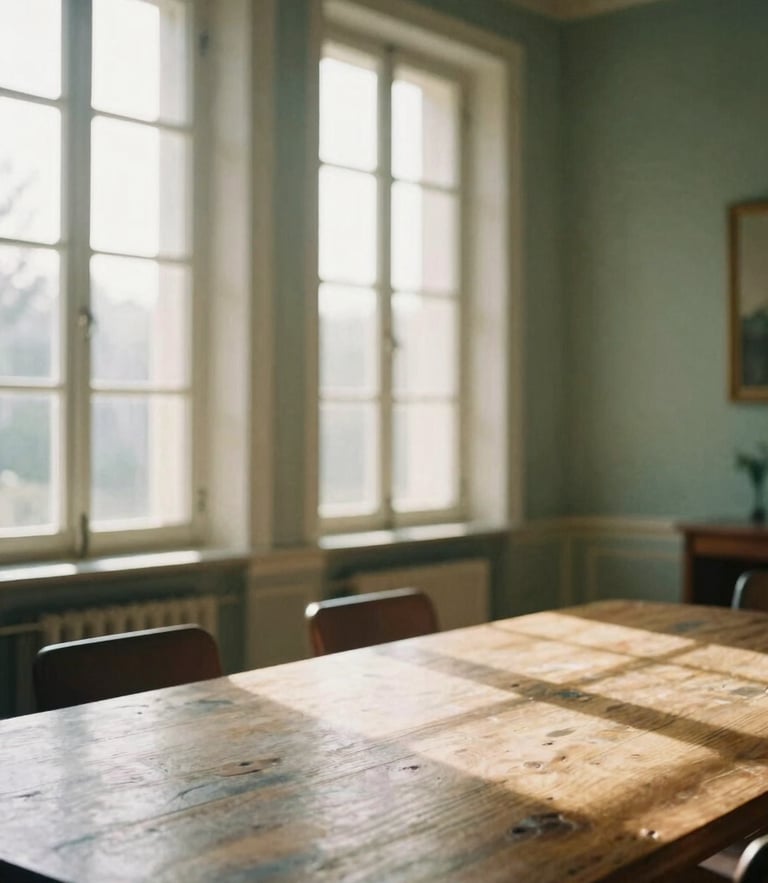 A quiet, sunlit meeting room in an old European estate, soft morning light streaming through tall windows onto a wooden table, warm editorial photography, 35mm