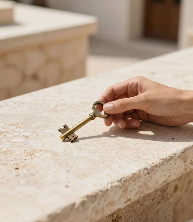 Close-up of elegant hands holding vintage brass keys on a sun-drenched stone counter, soft Mediterranean light, warm beige tones, 35mm photography