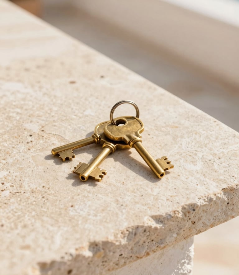 Elegant close-up of brass villa keys resting on a sun-drenched stone countertop, soft golden hour Mediterranean light, 35mm