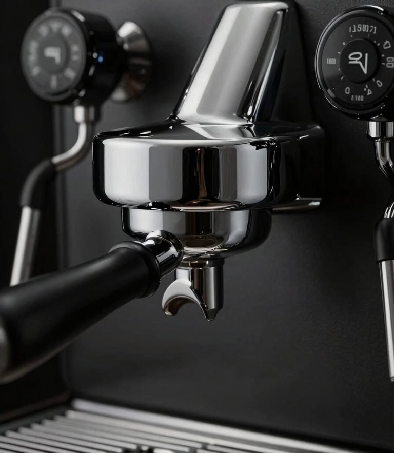 Extreme close-up of a luxury espresso machine group head, polished chrome and matte black finish, dramatic studio lighting, dark background