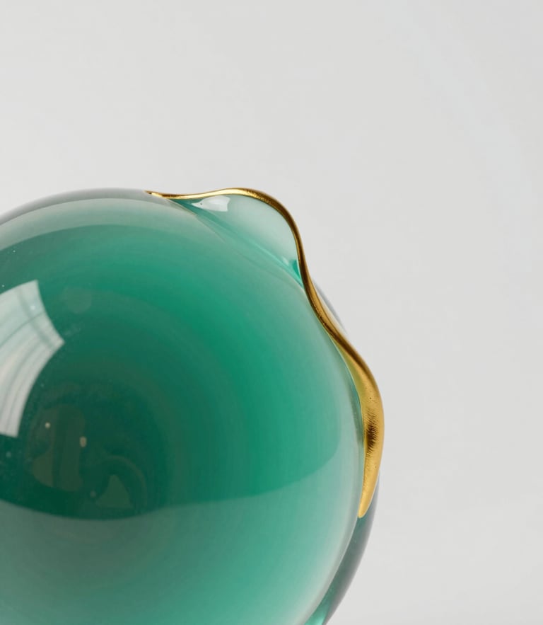 Macro close-up of a fluid 3D glass sculpture with gold caustics reflecting emerald and soft teal light, clean minimalist studio background, 8k resolution