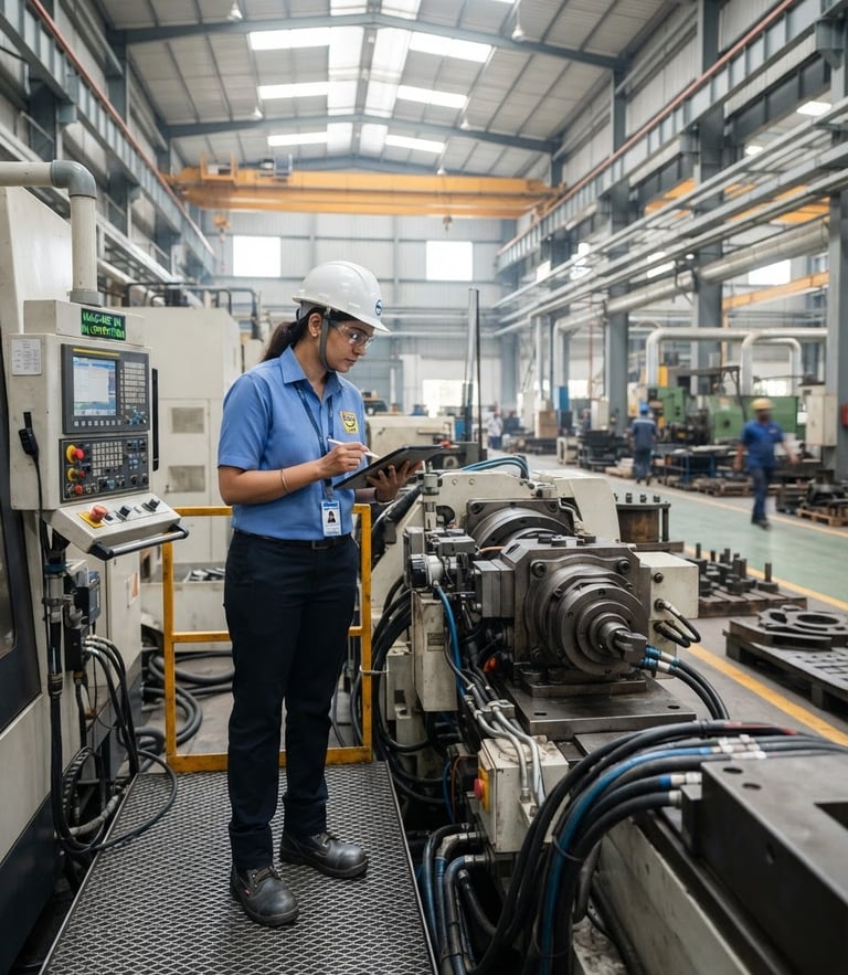 Professional logistics engineer inspecting heavy industrial machinery in a bright Indian factory, daylight, clean industrial photography, 35mm lens