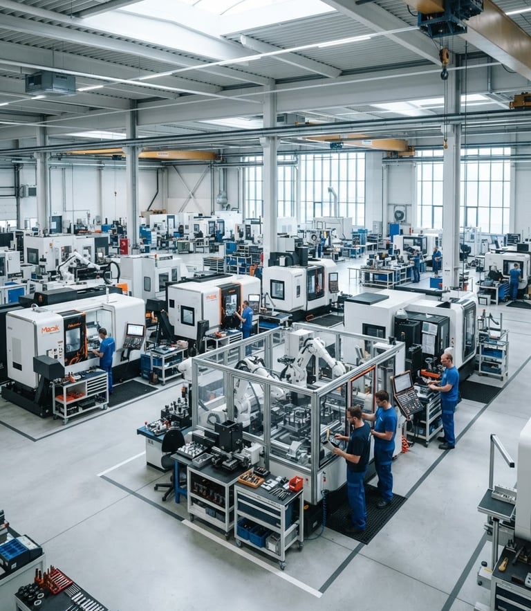 Wide environmental shot of a modern high-precision factory floor with clean machinery, bright daylight, 35mm lens