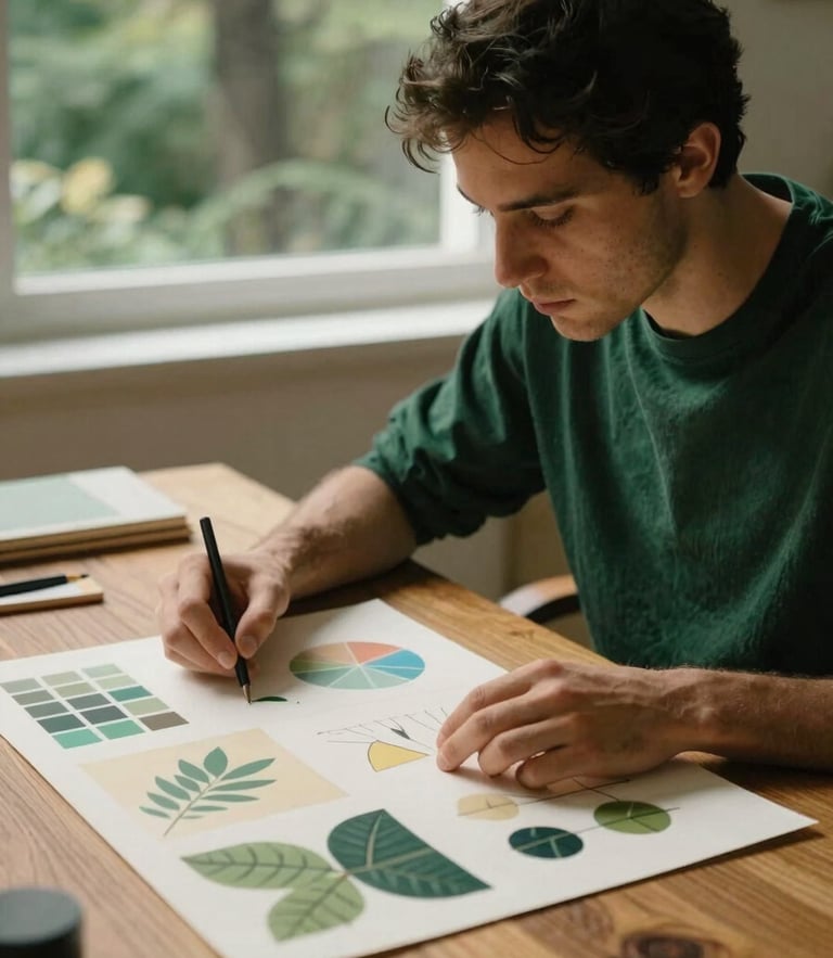 A close-up portrait of a creative director planning over a physical mood board on an oak table, warm natural window light, soft shadows, rich forest green and cream tones, 35mm film look