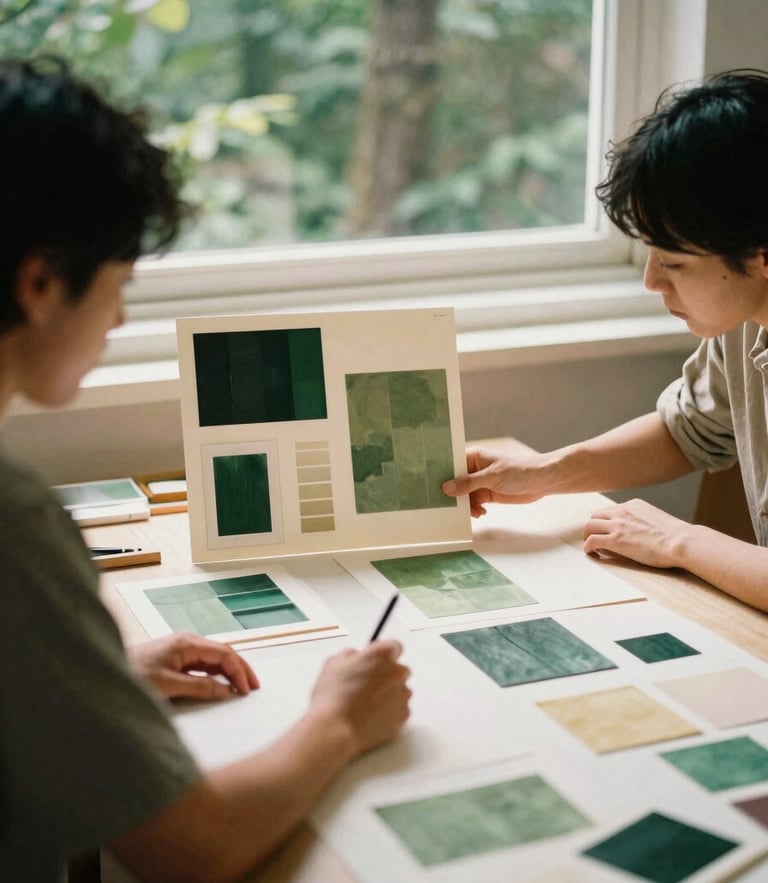 A creative team planning over physical mood boards in a sunlit studio, warm natural window light, rich forest green and cream tones, 35mm film look.