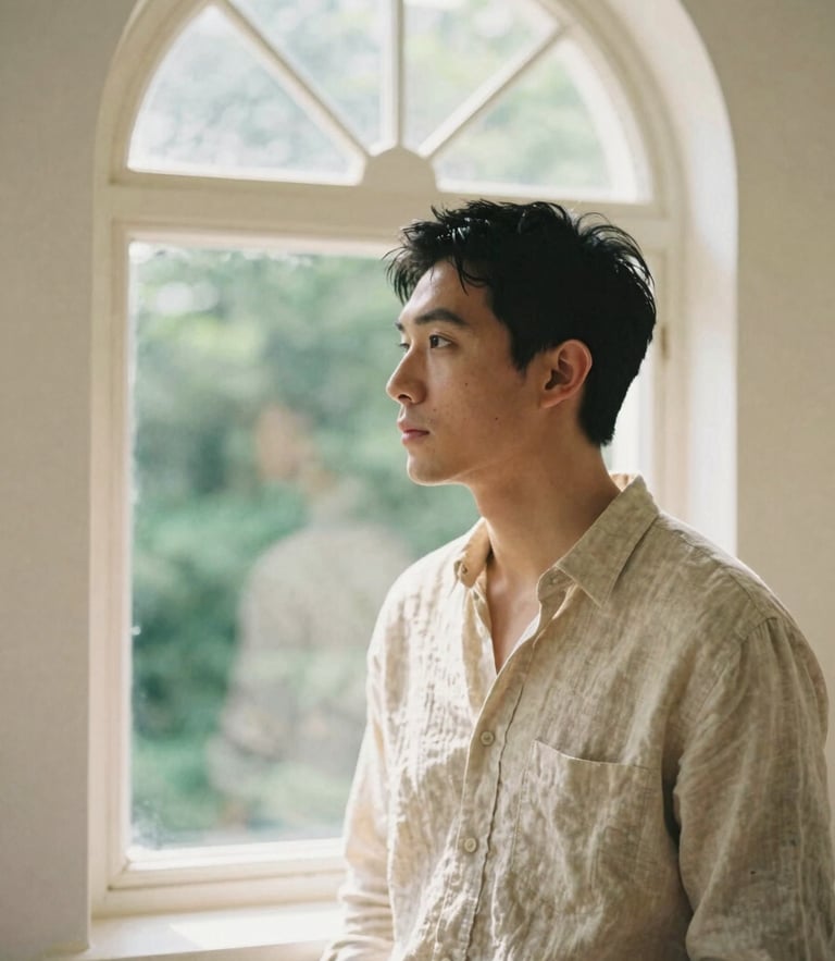 A portrait of a creative director in a linen shirt looking thoughtfully out a large arched window, soft natural light, warm cream tones, 35mm film look.