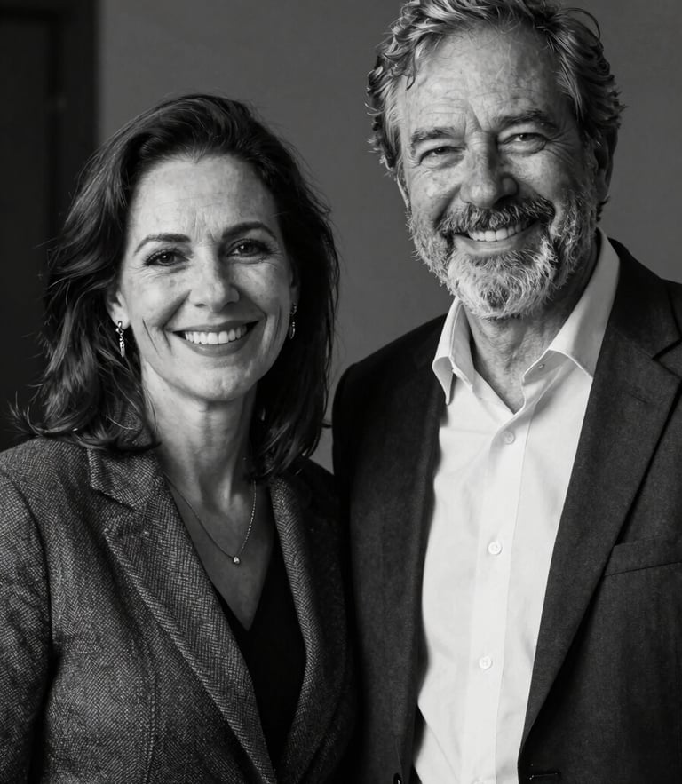 Editorial portrait of founders Fernanda and Wagner, professional journalists, smiling, warm natural lighting, high contrast black and white, sophisticated atmosphere.