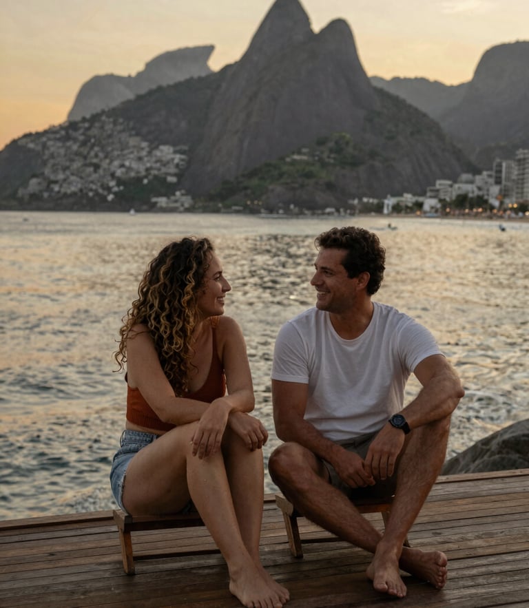 Fotografia profissional dos fundadores Fernanda Camargo e Wagner Rodrigues em Angra dos Reis, sorrindo em um deck de madeira ao entardecer, com o mar calmo e as montanhas ao fundo, luz dourada suave, enquadramento editorial de meio corpo.