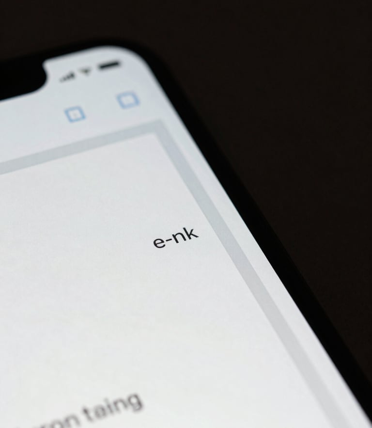 Extreme macro close-up of a physical Android screen displaying a minimalist e-ink launcher interface, sharp shadows, low-key dramatic studio lighting, high contrast.