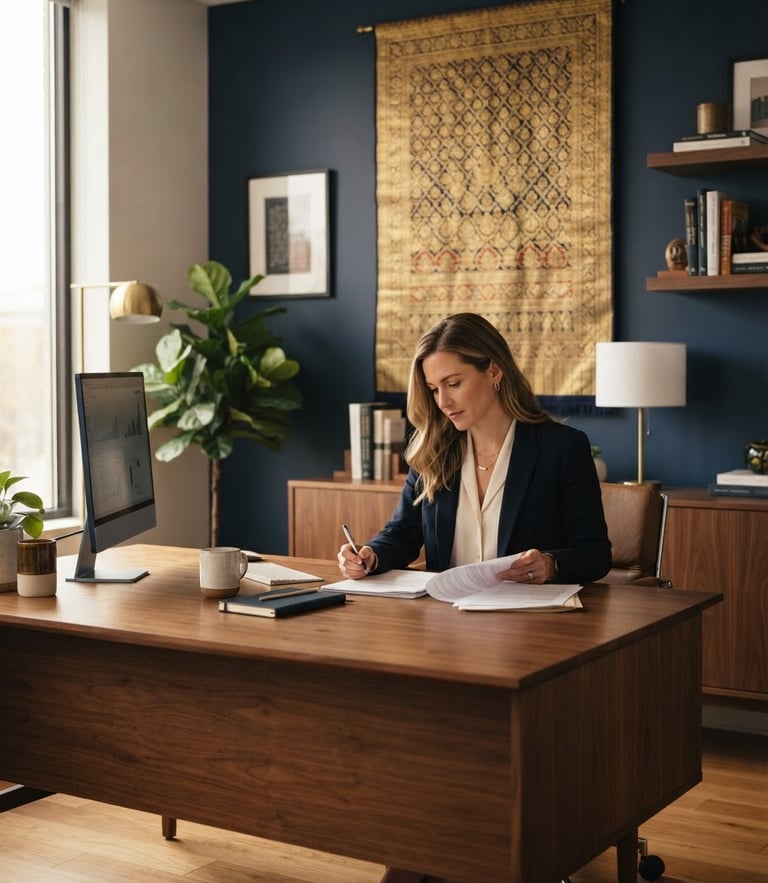 A professional environmental shot of a modern clean office with subtle warm side-lighting, a gold-threaded traditional textile hanging elegantly on the wall in the background.