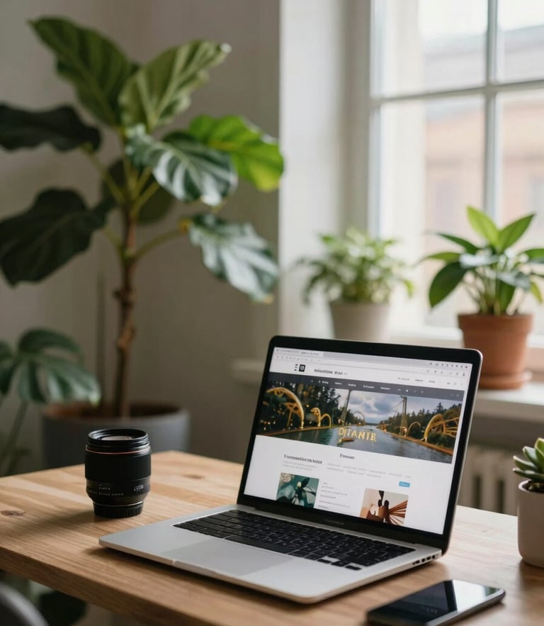 Cozy Scandinavian-style agency office with green plants, warm window light, clean laptop screen showing an active website build, 35mm lens.