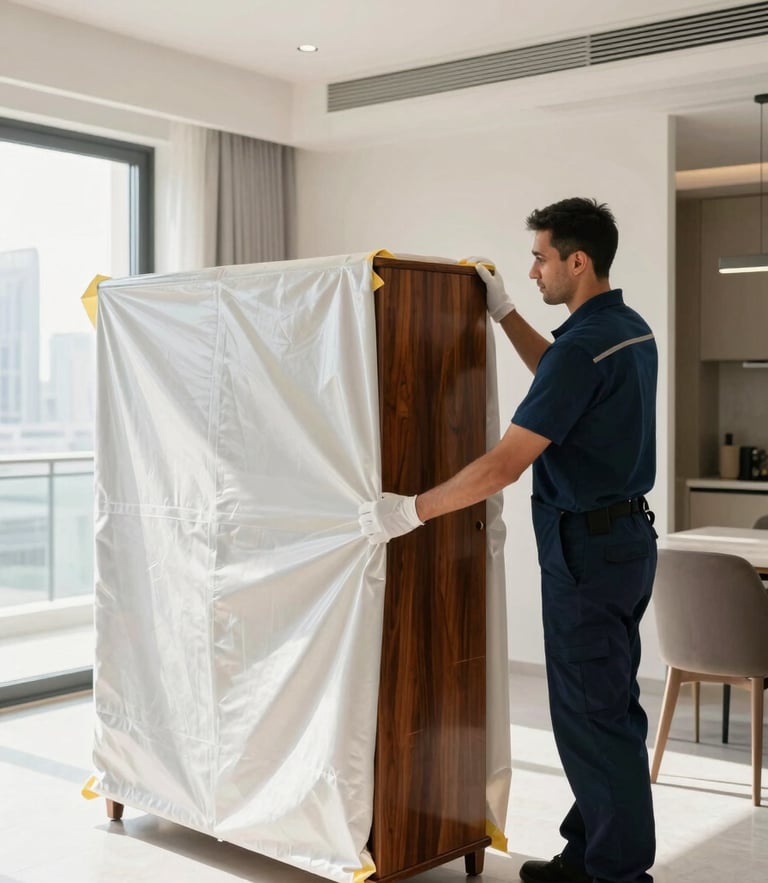 A uniformed moving specialist carefully wrapping a polished mahogany cabinet with heavy-duty protective blankets, clean modern Dubai apartment interior, bright natural daylight, 35mm.