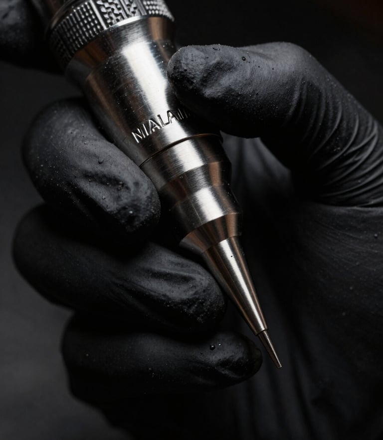 Macro close-up of a professional tattoo artist's gloved hand adjusting a sleek steel dermograph, dramatic side-lighting, deep charcoal and silver tones, high contrast