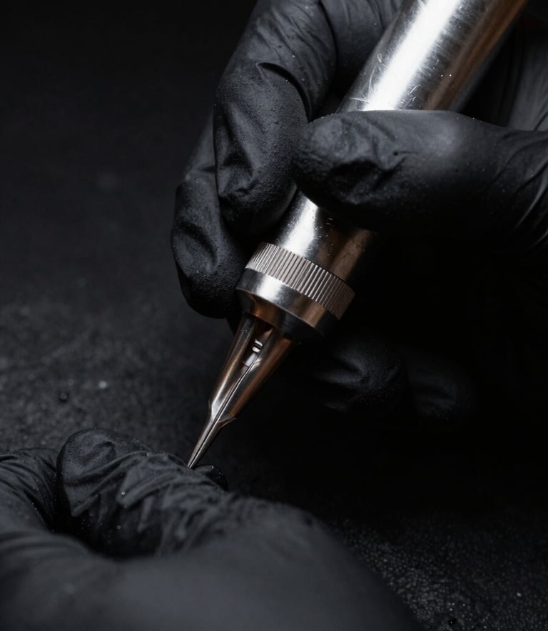 Macro shot of a professional tattoo artist's hand in a black sterile glove holding a silver dermograph, dramatic side-lighting, deep charcoal tones, high contrast, sharp focus on the needle tip.
