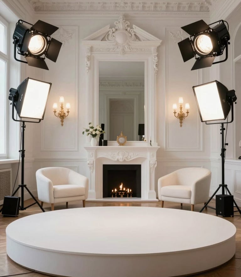 Instalación de estudio fotográfico físico de lujo en un salón de eventos histórico, ciclorama blanco impecable, luces de estudio profesionales de alta gama expuestas.