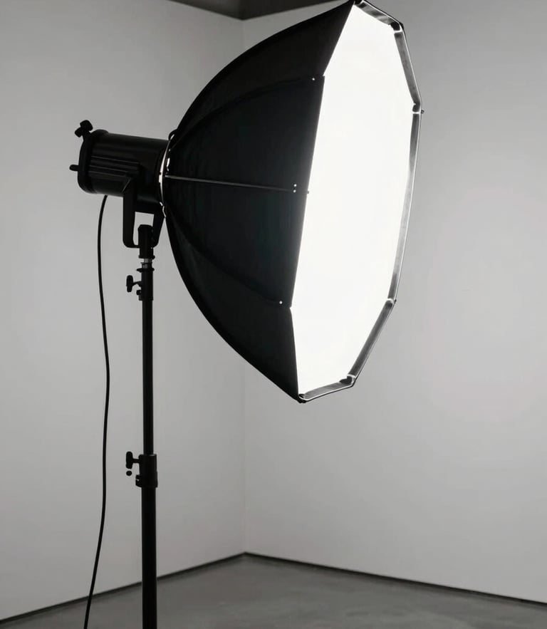 Framing: Portrait aspect. Lighting: Dramatic studio strobe lighting with deep shadows. Subject: A professional high-end studio strobe light with a large octabox reflector, set against a pristine white gallery wall, minimalist composition.