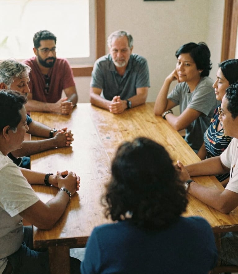 Warm documentary photo of diverse community leaders collaborating around a wooden table in a sunlit room, natural daylight, 35mm film look