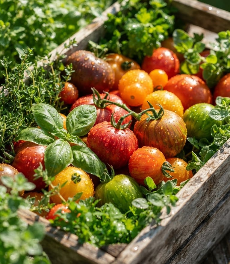 Macro close-up of pristine, water-droplet-flecked heirloom tomatoes and fresh herbs in a rustic wooden crate, bright morning sunlight, sharp shadows, rich green tones