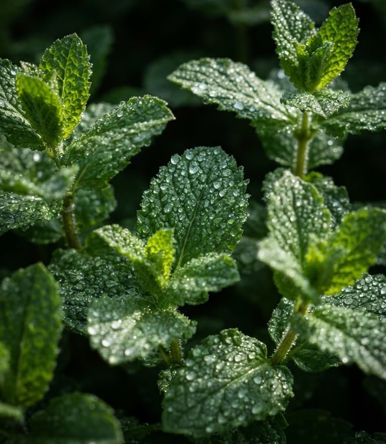 A close-up portrait of vibrant green mint leaves covered in fine water droplets, shining under crisp morning sunlight, dark background