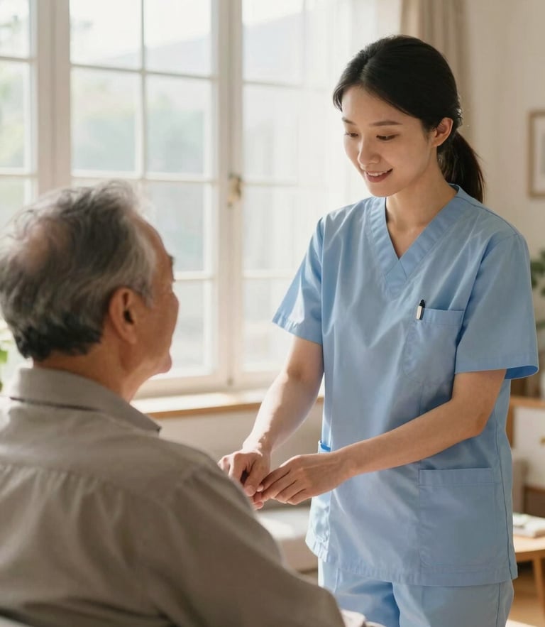 A professional nurse in a soft blue uniform gently checking the pulse of an elderly gentleman in a sunlit residential living room, warm window light, 35mm photography