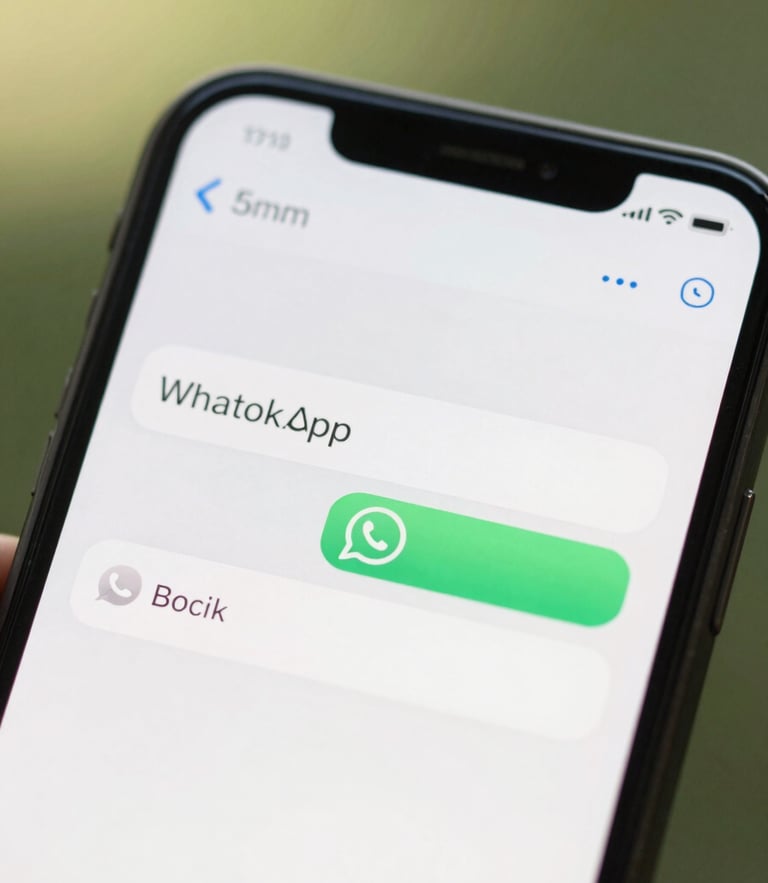 A close-up of a smartphone screen showing a clean WhatsApp booking confirmation message, warm natural daylight, soft green background, shallow depth of field.