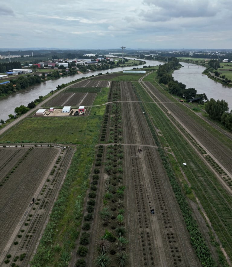 A wide aerial view of a massive reforestation corridor in cool, overcast daylight, showing structured planting patterns across a river basin.