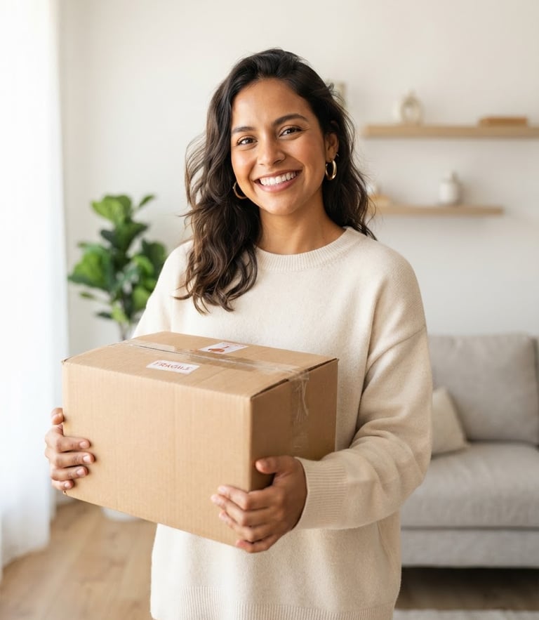 A smiling Latin American young woman holding a delivered package in a modern, bright living room, natural window light, soft shadows, clean background