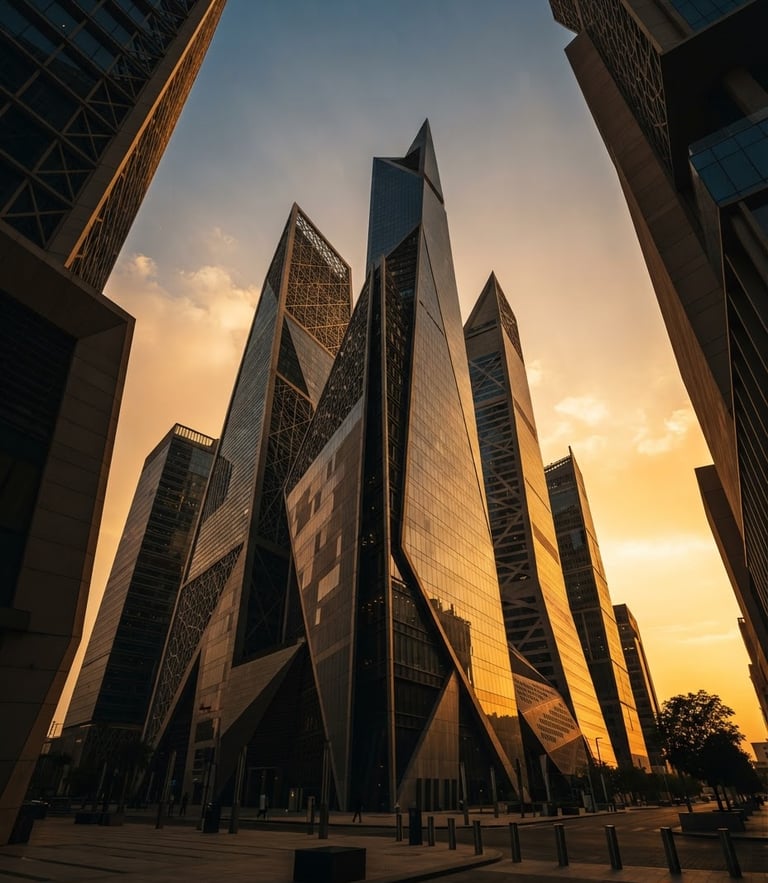 Dramatic low-angle golden hour shot of Riyadh's financial district architecture, sharp geometric lines, deep obsidian shadows, warm sand tones.